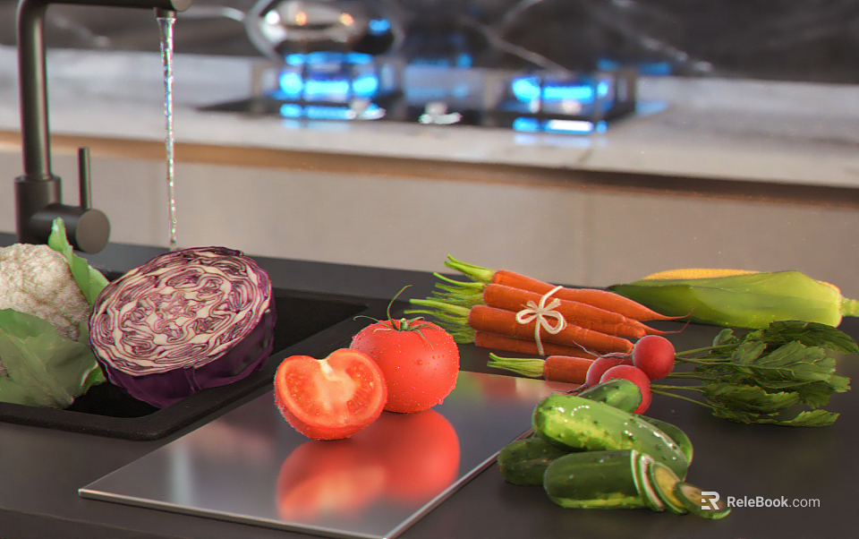 Fresh Assorted Vegetables on Modern Kitchen Countertop with Purple Cabbage Tomato Carrots and Cucumbers 3d model 