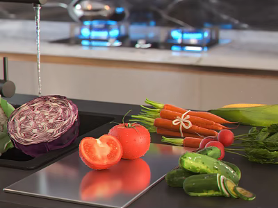 Fresh Assorted Vegetables on Modern Kitchen Countertop with Purple Cabbage Tomato Carrots and Cucumbers 3d model