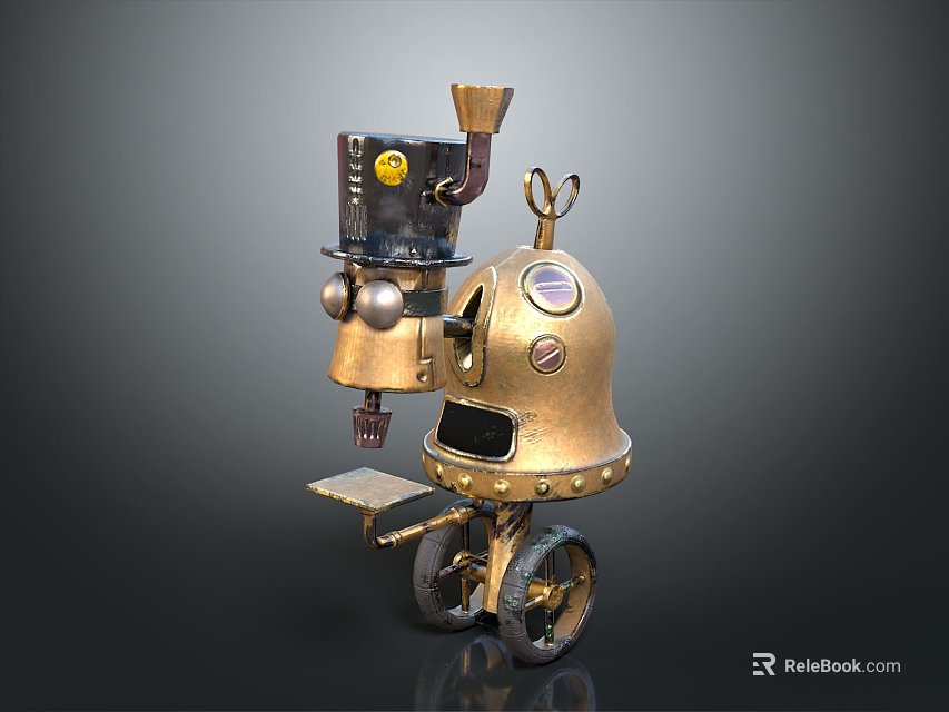 Steampunk Robot Game Movie Character With Golden Metallic Body Vintage Wheels And Mechanical Features 3d model 