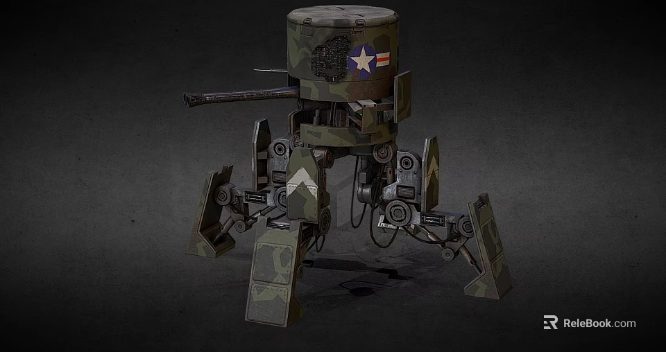 Camouflage Military Robot With Turret Structure Multi Mechanical Legs Star Emblem And American Flag 3d model 