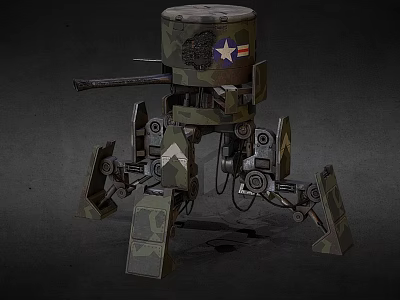 Camouflage Military Robot With Turret Structure Multi Mechanical Legs Star Emblem And American Flag 3d model