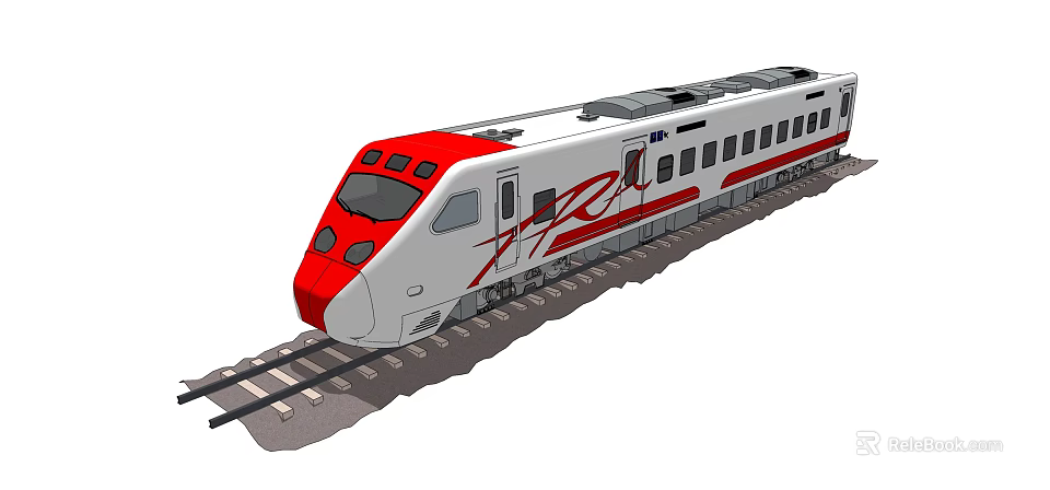 Red And White Modern Passenger Train On Railway Track With Streamlined Design 3d model 
