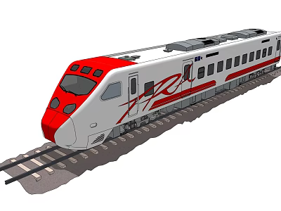 Red And White Modern Passenger Train On Railway Track With Streamlined Design 3d model