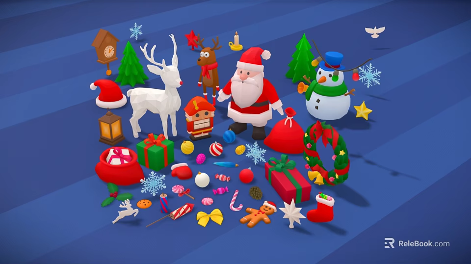 Cartoon Christmas Scene Featuring Santa Reindeer Snowman Tree Gifts And Candies 3d model 