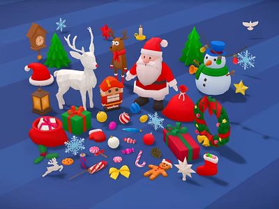 Cartoon Christmas Scene Featuring Santa Reindeer Snowman Tree Gifts And Candies 3d model