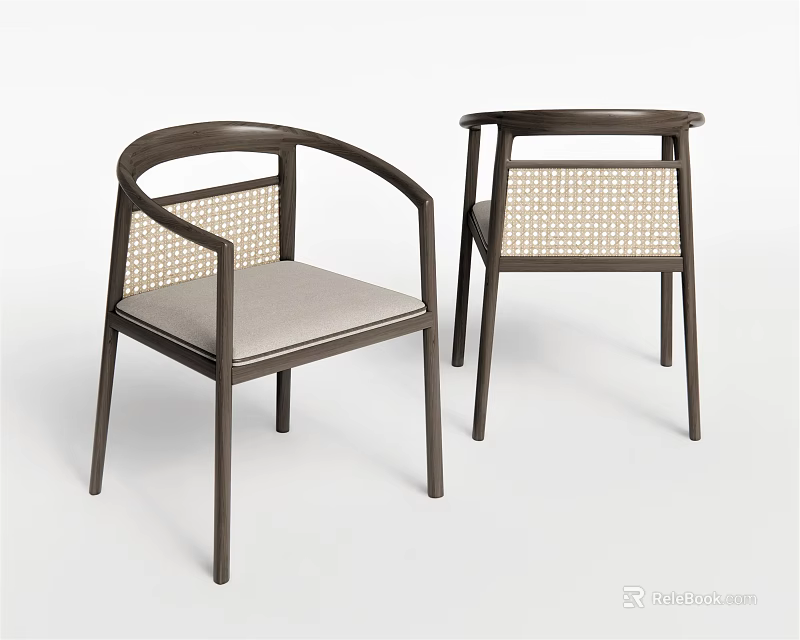 Modern Dining Chairs With Woven Backrest Light Colored Cushion And Dark Frame 3d model