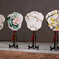 Fan Shaped Ornamental Decorative Set With Floral Patterns And Black Stands