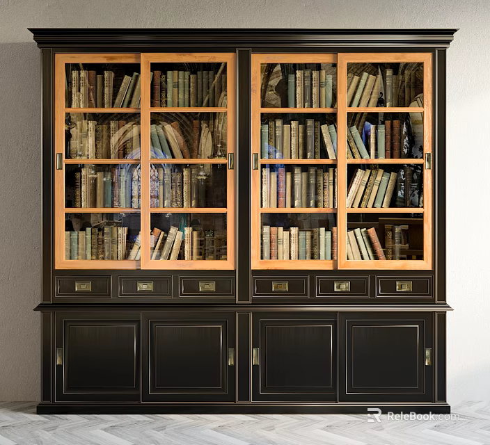 Classic Wooden Bookcase With Glass Doors Filled With Books and Lower Drawers Cabinet Doors 3d model 