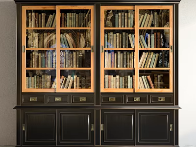 Classic Wooden Bookcase With Glass Doors Filled With Books and Lower Drawers Cabinet Doors 3d model