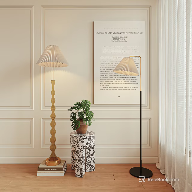 Modern Floor Lamps With Pleated Shades Golden Black Bases Potted Plant Near White Paneled Wall 3d model 