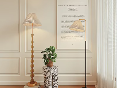 Modern Floor Lamps With Pleated Shades Golden Black Bases Potted Plant Near White Paneled Wall 3d model