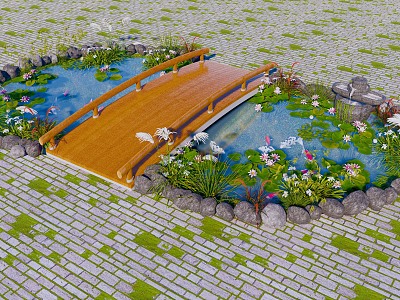 Modern Fish Pond Landscape Bridge Landscape Pond Lotus Pond Courtyard Waterscape Stone Landscape Sketches Flower and Grass Lotus Water Bowl model