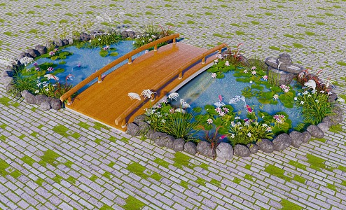 Modern Fish Pond Landscape Bridge Landscape Pond Lotus Pond Courtyard Waterscape Stone Landscape Sketches Flower and Grass Lotus Water Bowl 3d model