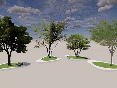 Outdoor Tree Pits With Green Grass White Borders And Leafy Trees Under Blue Sky 3d model