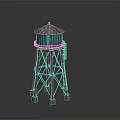 Industrial Style Water Tower With Blue Green Roof And Metal Frame Structure