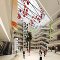 Vibrant Modern Shopping Mall Atrium With Red Balloons And Colorful Pillars