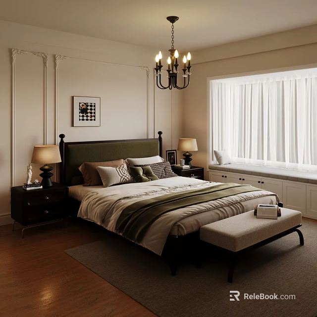 Traditional Bedroom Interior With Green Headboard Chandelier Windows And Bench 3d model 