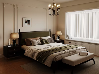 Traditional Bedroom Interior With Green Headboard Chandelier Windows And Bench 3d model
