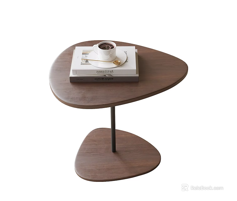 Modern Walnut Side Table With Unique Shape Black Metal Stand And Coffee Cup On Book 3d model 