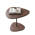 Modern Walnut Side Table With Unique Shape Black Metal Stand And Coffee Cup On Book