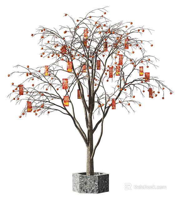 Festive Arbor With Red Hanging Tags And Small Orange Fruits On Branches 3d model 