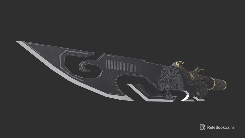 Intricate Black Gold Decorative Sword With Lion Head And Geometric Patterns 3d model 