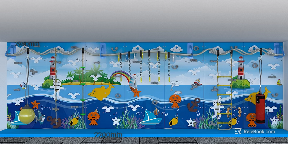 Kindergarten Wall Decoration With Marine Theme Lighthouse Rainbow Whale Octopus Clouds And Playful Elements 3d model