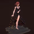 Red Haired Woman In Black High Slit Dress On Wooden Planks With Golden Particles Falling