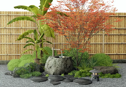 Japanese-style courtyard sketch water bowl waterscape red maple withered landscape shrub maple tree bamboo hedge plant heap tingbu landscape lamp landscape stone 3d model