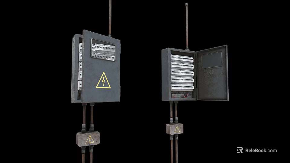Electrical Distribution Boxes With Open Closed Covers Warning Signs And Internal Components 3d model 