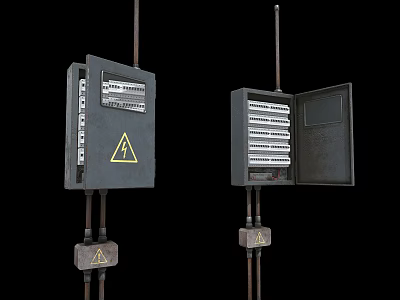 Electrical Distribution Boxes With Open Closed Covers Warning Signs And Internal Components 3d model