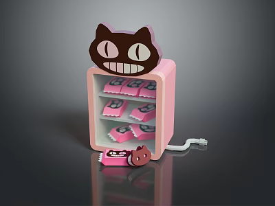 Pink Wrapped Candies in Open Pink Refrigerator with Black Cat Face Design and Falling Candy 3d model