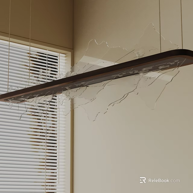 Long Rectangular Pendant Light with Cracked Transparent Material Against Light Colored Wall and Venetian Blinds 3d model
