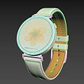 Digital Smartwatch With White Leather Strap Brown Inner Lining Yellow Flower Dial Silver Metal Bezel
