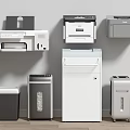 Modern Office Appliances Collection Featuring Wall Mounted Printers And Upright Shredders For Workplace Use