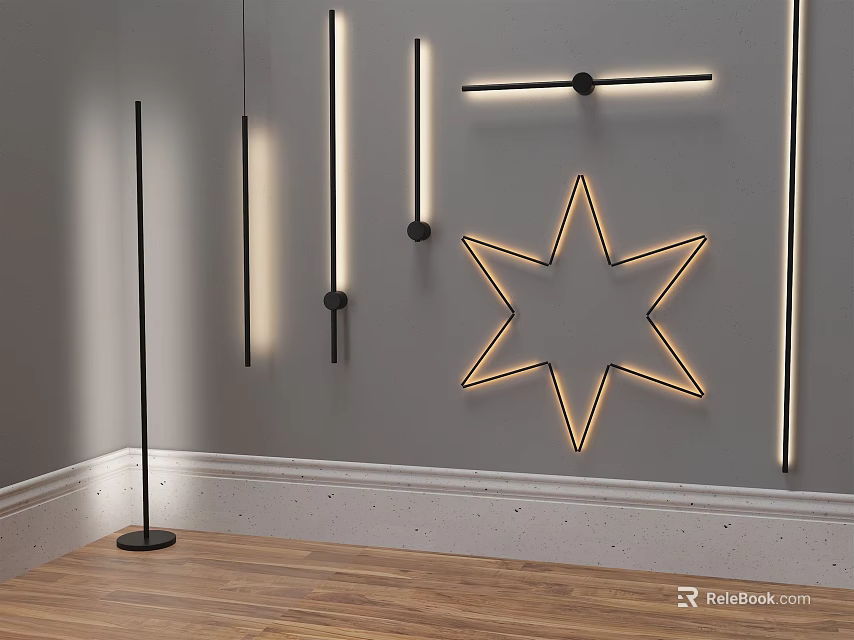 Minimalist Modern Lighting Combination with Floor Lamp Wall Strips and Star Shaped Neon Light 3d model 