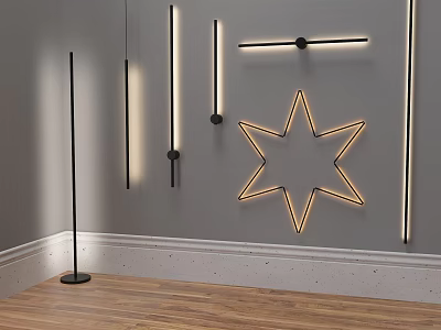 Minimalist Modern Lighting Combination with Floor Lamp Wall Strips and Star Shaped Neon Light 3d model