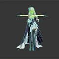 Game Character Wearing Purple White Outfit With Silver Hair Yellow Eyes Long Cape Black Stockings