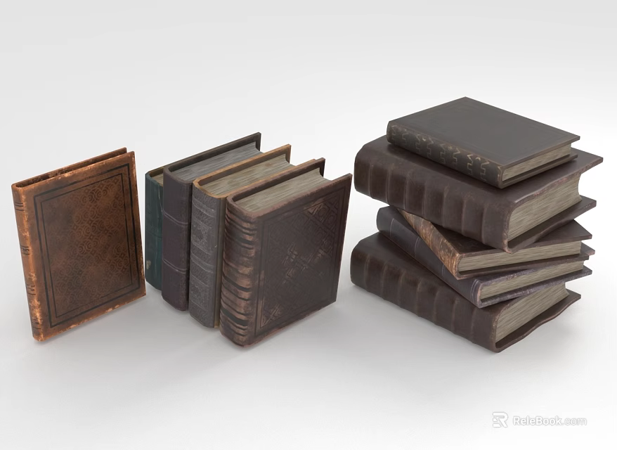 Vintage Leather Covered Books Stacked And Arranged In Different Sizes And Styles 3d model 