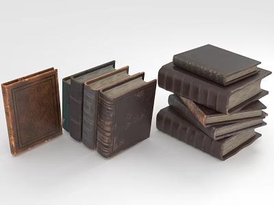 Vintage Leather Covered Books Stacked And Arranged In Different Sizes And Styles 3d model