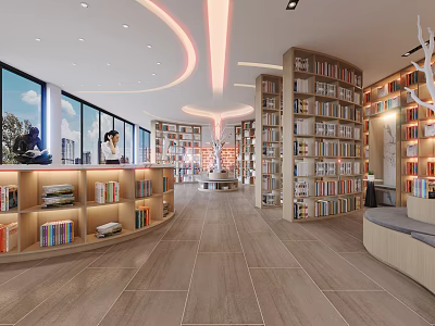 Modern Library Interior Design With Bookshelves And Large Windows 3d model