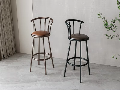 Two Modern Bar Stools With Brown And Black Leather Seats And Metal Frames Indoor 3d model