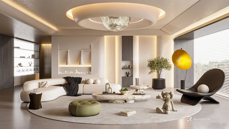Modern Living Room Interior With Round Chandelier White Sofa Green Ottoman And Marble Coffee Table 3d model 