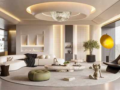 Modern Living Room Interior With Round Chandelier White Sofa Green Ottoman And Marble Coffee Table 3d model