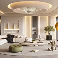 Modern Living Room Interior With Round Chandelier White Sofa Green Ottoman And Marble Coffee Table