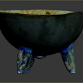 Artisan Crafted Sculptural Bowl With Green Copper Glaze And Blue Tripod Legs