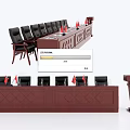 Wooden Conference Table Setup With Black Chairs Red Flags And Podium 3d model