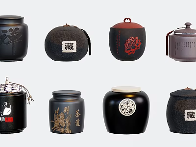 Black Tea Canisters With Red Gold Patterns Chinese Characters And Various Lids 3d model