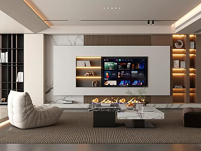 Modern Elegant Living Room Interior Design With Marble Accent Wall TV Fireplace And Curved Sofa 3d model