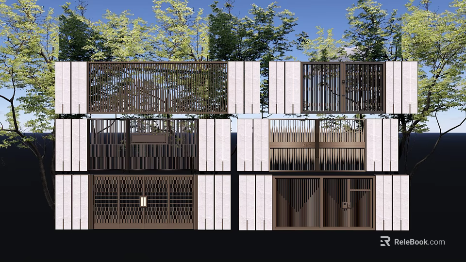 Building Exterior Wall Featuring White Slats Dark Metal Grilles And Green Trees 3d model 